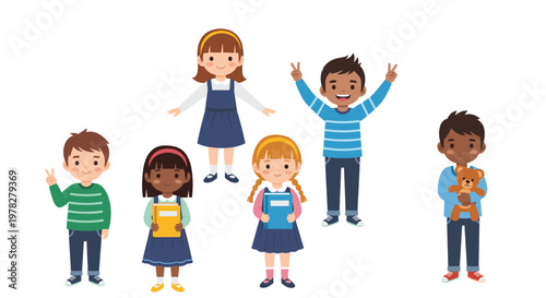 Group of happy young schoolchildren from various backgrounds wearing uniforms and carrying books and making peace signs together.