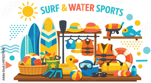 Dynamic surf and water sports illustration features various equipment including surfboards, life jackets, and beach toys for aquatic adventures and fun.