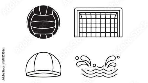 Water Polo Icons: A collection of simple black and white vector icons related to the sport of water polo, perfect for use in design projects.