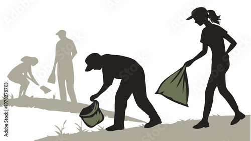 People picking up trash and putting it in bags on a sunny day outdoors in a park or field