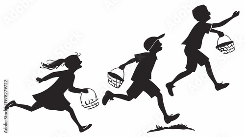 Silhouettes of happy kids running with easter baskets in different directions on grass