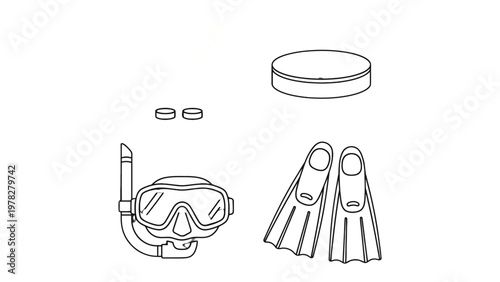 Dive Gear Essentials: Simple outline of diving mask, snorkel, fins, and associated gear, ready for underwater adventure.