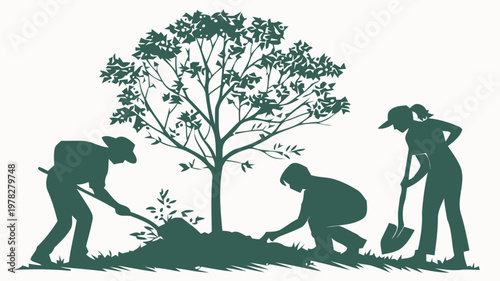 Group of people planting a tree together in nature teamwork and environmental conservation concept