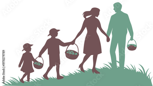 Family in silhouette holding baskets of colorful eggs on grassy hill symbolizing easter or springtime tradition and togetherness