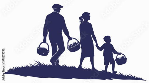Family in silhouette walking together outdoors holding baskets on a sunny day