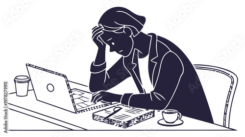 Frustrated businessperson sitting at desk with laptop stressed and overwhelmed with work and deadlines