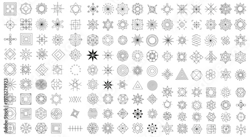 Large grid of numerous abstract geometric symbols and sigils and minimal logos and glyphs in a modern black and white technical style.