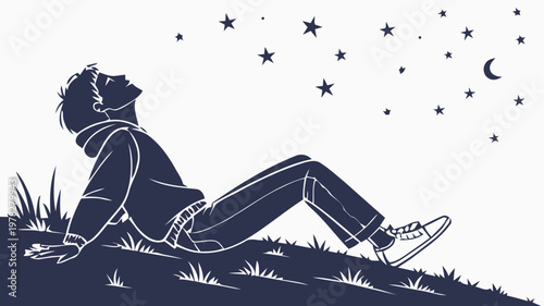 Person lying on grassy hill looking up at starry night sky with moon