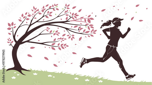 Woman jogging in autumn park with falling leaves and flowers fitness and exercise concept