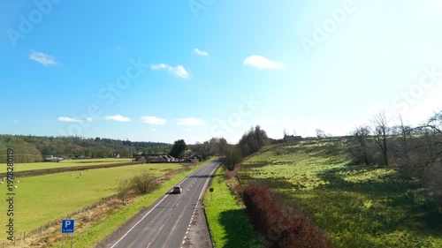 Scottish Borders UK: 7th March 2026: This scene shows a clear view of the landscape and small village near Langholm on the A7