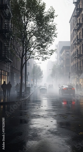 City Street Scene - A Misty Morning in the Urban Landscape.