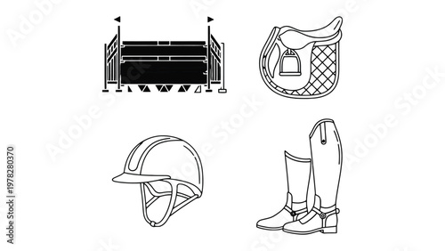 Equestrian Essentials Illustration: An illustration showcasing key elements of the equestrian world, including a jump, saddle, helmet, and boots. Perfect for illustrating the tools and gear.