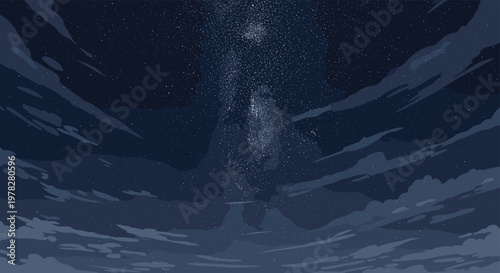 Peaceful pixel art landscape of a starry night sky with a dense milky way and soft clouds over a dark blue nocturnal horizon.