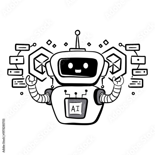 AI Training and Assistance Robot Illustration with Automation and Digital Technology