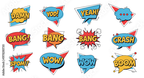 Collection of colorful comic book speech bubbles and starbursts with various sound effects and expressions like Bang and Wow and Boom.