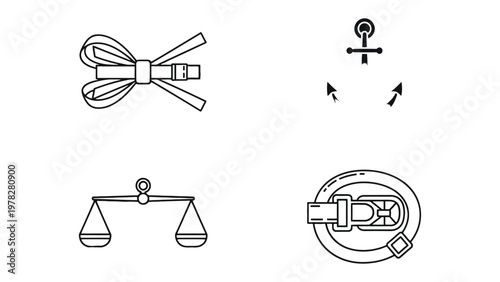 Collection of Four Simple Icons: A curated set of four distinct icons, including a coiled cord, an anchor symbol, a balanced scale, and a buckle, presented in a clean, graphic style.