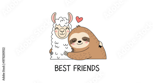 Adorable cartoon llama and sloth sharing a warm hug with a pink heart and best friends text for friendship concepts.