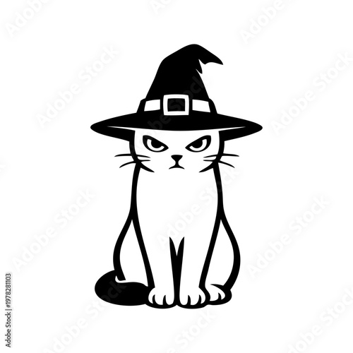 Logotipo con dibujo minimalista con líneas de un gato sentado con expresión enojada y sombrero de bruja para fiestas de Halloween 