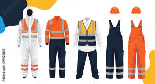 Array of various safety work uniforms and protective clothing like hazmat suits reflective vests and durable overalls with helmets.