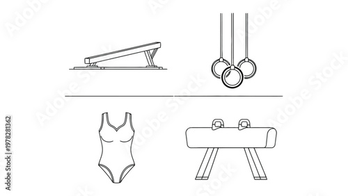Gymnastics Essentials: A set of essential equipment for gymnastics, including a balance beam, rings, leotard, and a pommel horse, all meticulously captured in a clean, minimal, illustration style. 