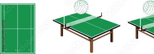 Table tennis vector illustration set with ping pong table, court layout and ball, indoor sports equipment isolated on white background