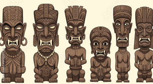 Set of six unique hand carved wooden tiki statues with expressive faces and traditional polynesian or hawaiian designs.