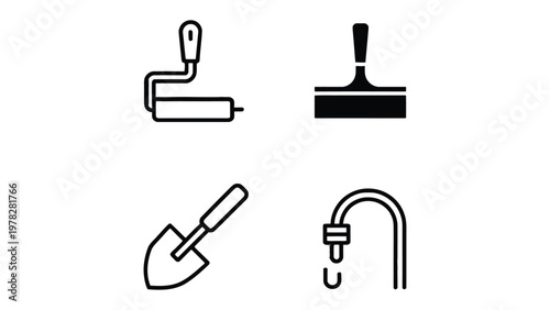 Garden Tools Icons: An array of garden tools, illustrated with precision, awaits. Includes a paint roller, putty knife, trowel, and a flowing tap water.