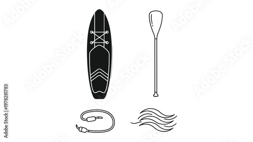 Stand-Up Paddleboard Essentials: A minimalist illustration of a stand-up paddleboard with essential equipment, perfect for water adventures. 