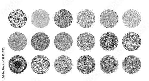 Variety of eighteen hand drawn textured circles featuring various shading techniques like stippling hatching and scribbling.