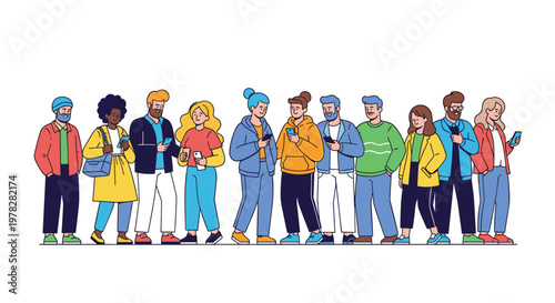 Diverse group of people standing in a long queue while being preoccupied and looking at their smartphones.