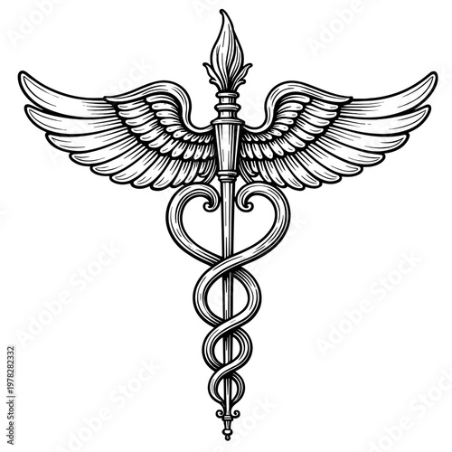 Vintage caduceus symbol with wings and snakes detailed engraving style illustration - medical emblem - healthcare design