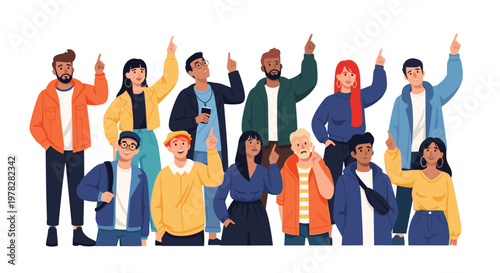 Group of diverse people all looking up and pointing at something to draw attention to an event or discovery.