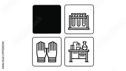 Science Lab and Safety Icons: A collection of black outline icons, featuring test tube, lab bench setup, safety gloves, each representing essential elements in a scientific research environment.