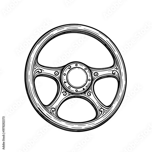 Vintage steering wheel detailed engraving style illustration - automotive control - transport design