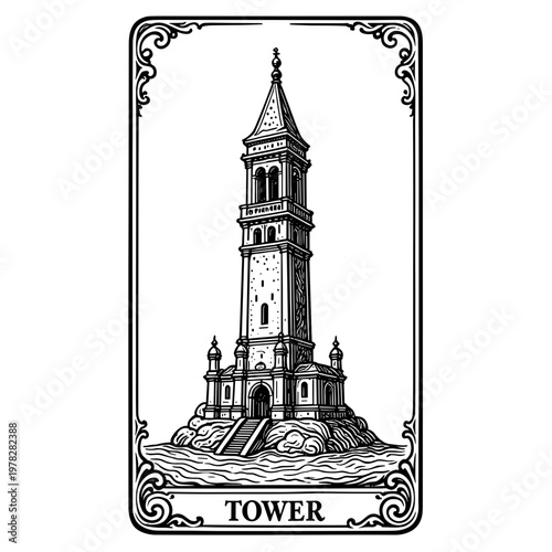 Vintage tower tarot card detailed engraving style illustration - fortune telling - mystical design