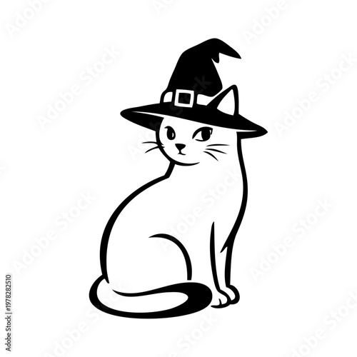 Logotipo con dibujo minimalista con líneas de un gato sentado con sombrero de bruja para fiestas de Halloween 