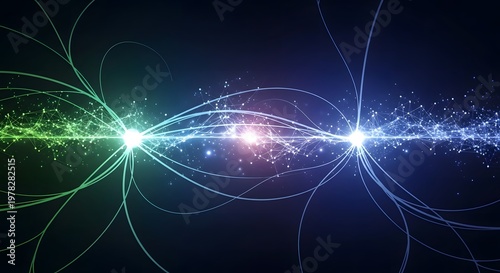 Abstract digital network background with glowing blue and green light rays