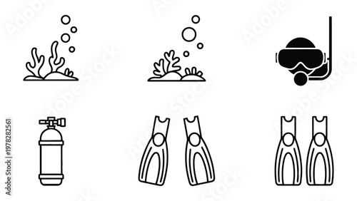 Underwater Adventure Set: Dive into the depths with this collection of iconic scuba diving and underwater exploration elements, artfully rendered in sleek black and white.