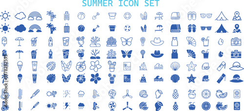 Massive blue summer icon set vector collection. 100+ beach, tropical and vacation elements including sun, palm, surfboard, fruits and sea icons for seasonal themed designs.