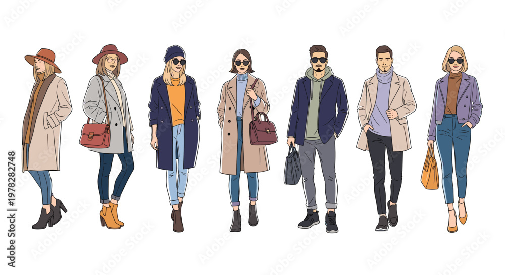 Obraz premium Group of seven stylish men and women wearing trendy winter coats boots and accessories for cold weather fashion.