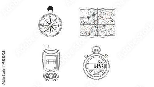 Navigational Essentials: An intricate monochrome composition featuring a classic compass, detailed map, handheld GPS device, and precise stopwatch.