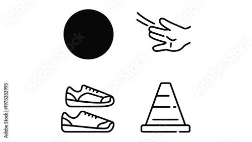 Simplified Iconography: An abstract representation of sports equipment and activities using minimalist line art. The image showcases key elements, designed to communicate without detailed rendering. 