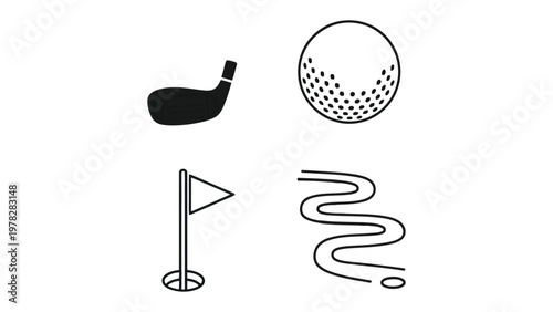 Cuadro en lienzo Golf Icon Set: A collection of simple and elegant line drawings showcasing the essential elements of golf, a visual ode to the sport's iconic tools and the course itself