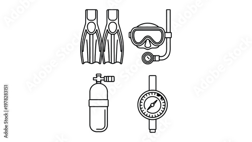 Scuba Gear Essentials: A clean, line-art illustration featuring essential scuba diving equipment: fins, mask with snorkel, oxygen tank, and compass, ready for underwater exploration.