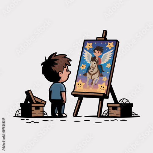 Young boy admires artwork of winged child riding unicorn on an easel with stars