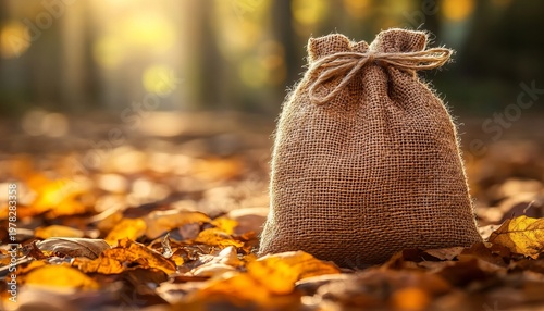 Burlap pouch resting on a bed of golden autumn leaves in a serene woodland setting outdoors.