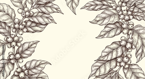 Intricate black and white botanical sketch of coffee plant branches with detailed leaves and clusters of ripening berries.