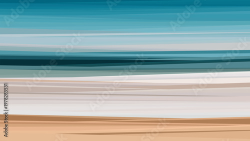 Minimalist beach horizon poster with layered geometric stripes and soft coastal colors. Abstract seaside landscape for modern interior, summer travel mood and living room wall art. Vector illustration