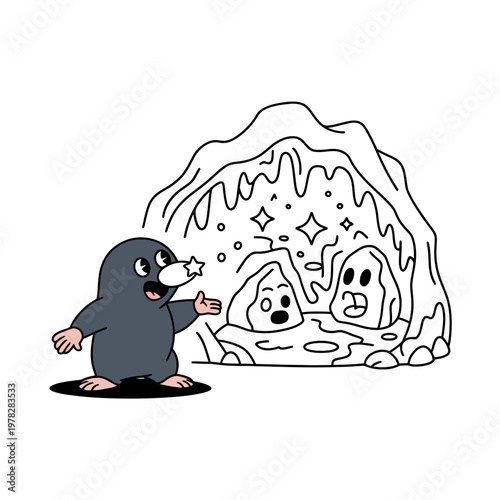 A cartoon mole excitedly discovering a spooky cave with ghostly figures inside surrounded by sparkles and stars in a whimsical scene