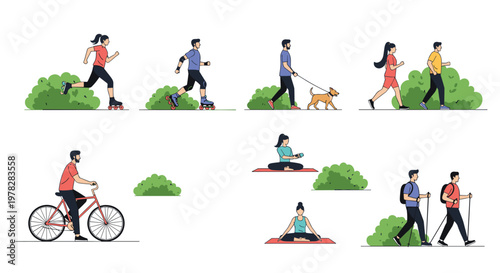 Diverse group of people participating in various outdoor physical activities including running, cycling, and meditative yoga.